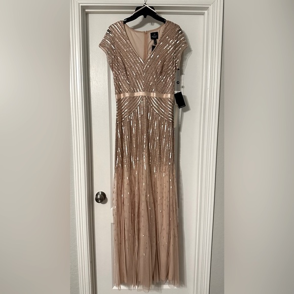 Adrianna Papell Women's Beaded V-Neck Dress with Cap Sleeves and Waistband. - Picture 1 of 7